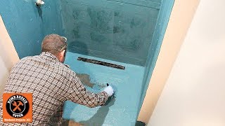 Build Curbless Walk In Shower on Concrete Floor Part 4 Waterproofing [upl. by Sal]