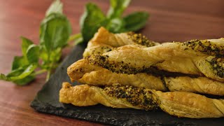 How to Make Pesto Puff Pastry Twists  Hungry AF [upl. by Cran]