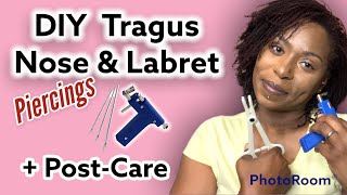 How to DIY TRAGUS LABRET amp NOSE using a needle and piercing gun  Post Care Routine [upl. by Remle946]