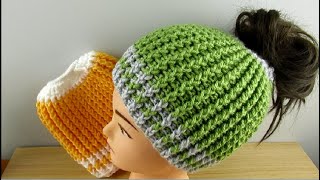 Crochet Messy Bun Hat Ponytail beanie tutorial adults 18quot22quot  © Designed by Happy Crochet Club [upl. by Sirdi75]