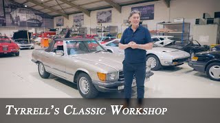 MercedesBenz W107 500 SL  A winning package  Tyrrells Classic Workshop [upl. by Hasan994]