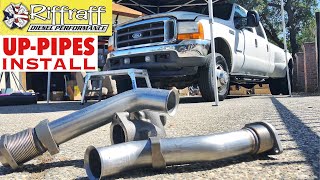 2001 F350 73  RiffRaff UpPipes Install  Stock up pipes leaking and falling apart JUNK SP [upl. by Ojillek477]