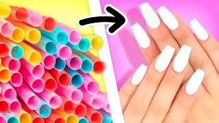 UÑAS POSTIZAS con SORBETES de PLÁSTICO ❤️ FÁCILES [upl. by Enelad]