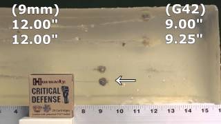 Glock 42 380 ACP vs 9mm ammo test Hornady Critical Defense in ClearBallistics gelatin [upl. by Gnehs]